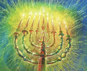 Painting of Chanukah menorah lit on the last night of Chanukah