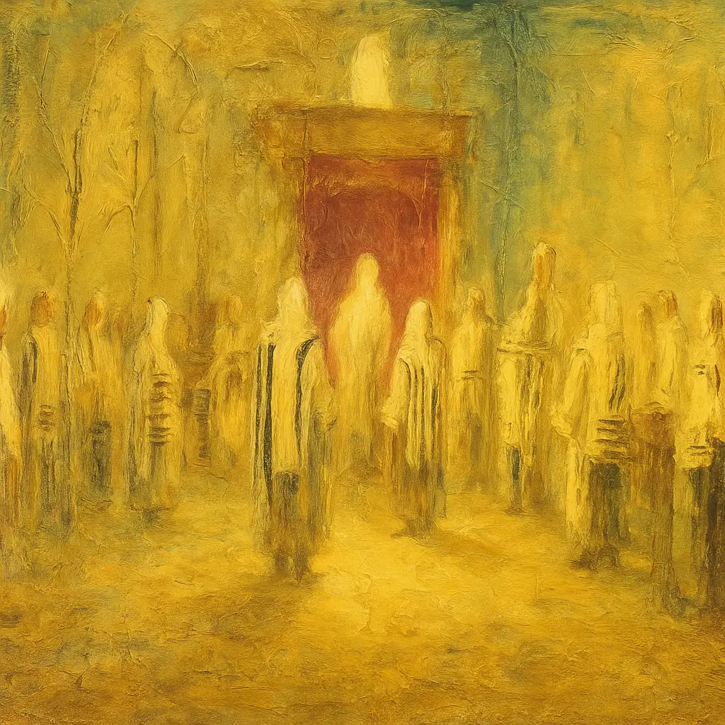 Impressionist-style oil painting of Jewish men wrapped in tallitot gathered in a softly lit synagogue before the ark, rendered in warm yellow and gold tones with textured brushstrokes, evoking holiness, unity, and reverence.
