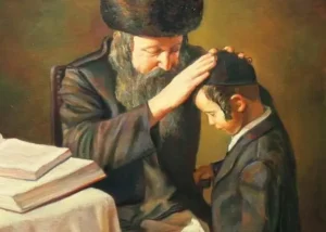 Jewish Father blessing his son at the Shabbat table