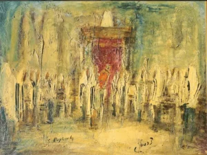 Painting of men davening in shul