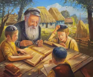 Grandfather learning with his grandchildren outside on a picnic table