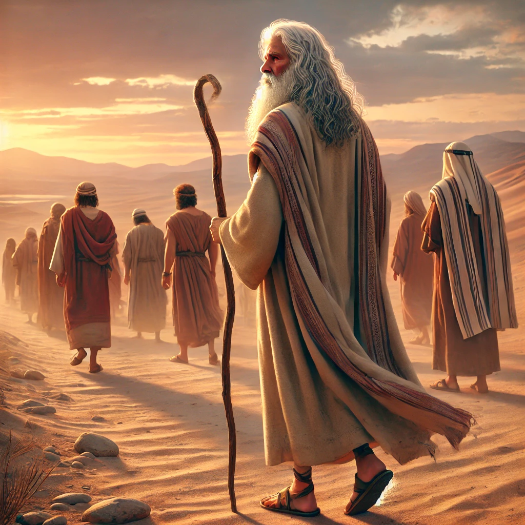 An-elderly-biblical-man-with-a-long-white-beard-wearing-a-flowing-robe-and-sandals-holding-a-wooden-staff-walking-away-from-a-group-of-people-