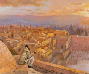 Man staring at the sunset at the kotel while praying