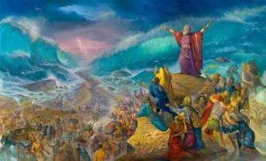 Moshe splitting the dead sea, and the Jewish people crossing