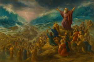 Biblical painting of Moses leading the Israelites through the parted Red Sea during the Exodus, in vivid oil colors representing faith and divine salvation