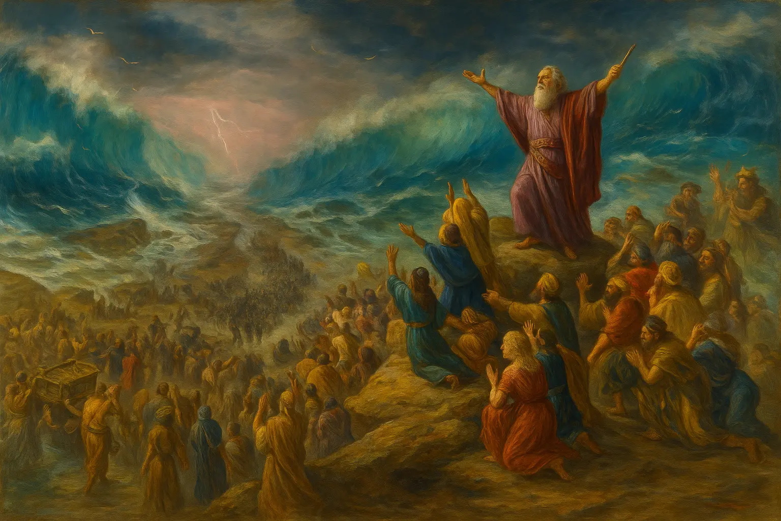 Biblical painting of Moses leading the Israelites through the parted Red Sea during the Exodus, in vivid oil colors representing faith and divine salvation