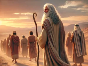 An-elderly-biblical-man-with-a-long-white-beard-wearing-a-flowing-robe-and-sandals-holding-a-wooden-staff-walking-away-from-a-group-of-people-