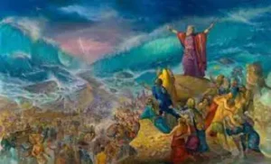 Moshe and the Jews crossing the split sea painting