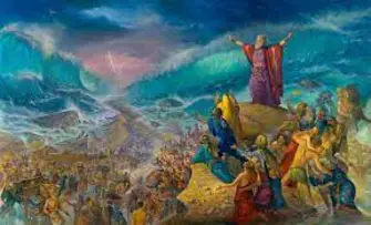 Moshe and the Jews crossing the split sea painting