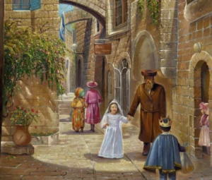 Painting of a father walking in Jerusalem with his daughter in Purim costume