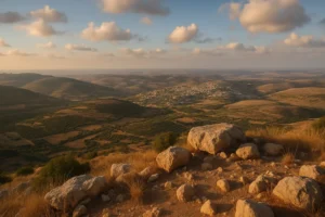 Panoramic view of Israeli hills from a rocky hilltop at sunset, overlooking fields, olive groves, and a distant village.