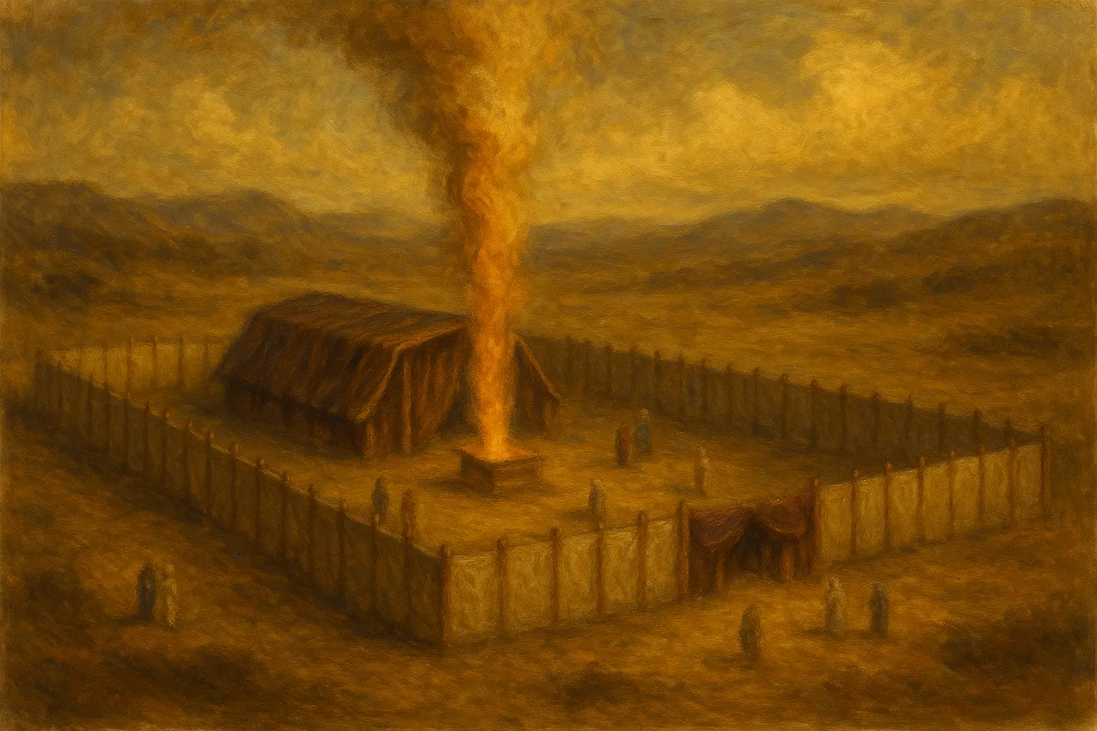 Oil-painting style image of the Mishkan in the desert, showing the Tabernacle, altar fire, courtyard curtains, and people standing around the sacred space.