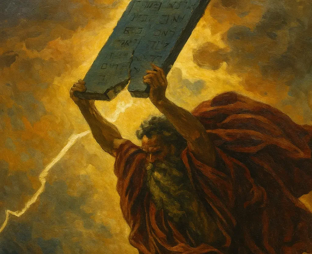Moses raises the stone tablets in a stormy sky as lightning flashes behind him, shown in a dramatic color painting.