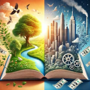 A beautifully illustrated-open book floating in a balanced scene. The left-side of the book glows with nature, the right side is dark and materialistic