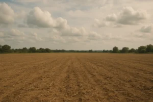 Wide barren ancient field with dry brown soil stretching to the horizon under a cloudy sky.