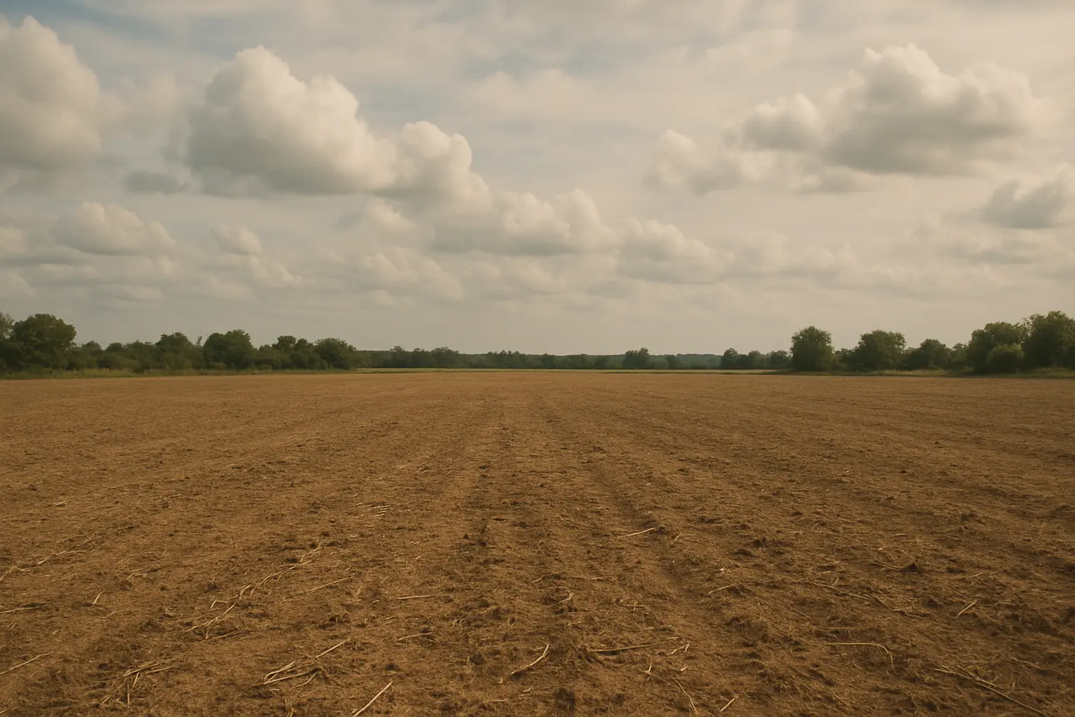 Wide barren ancient field with dry brown soil stretching to the horizon under a cloudy sky.