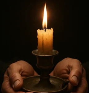 Close-up of two hands gently cupping an old brass candlestick with a single burning candle, its warm flame glowing against a dark background, symbolising human-made light after Shabbat