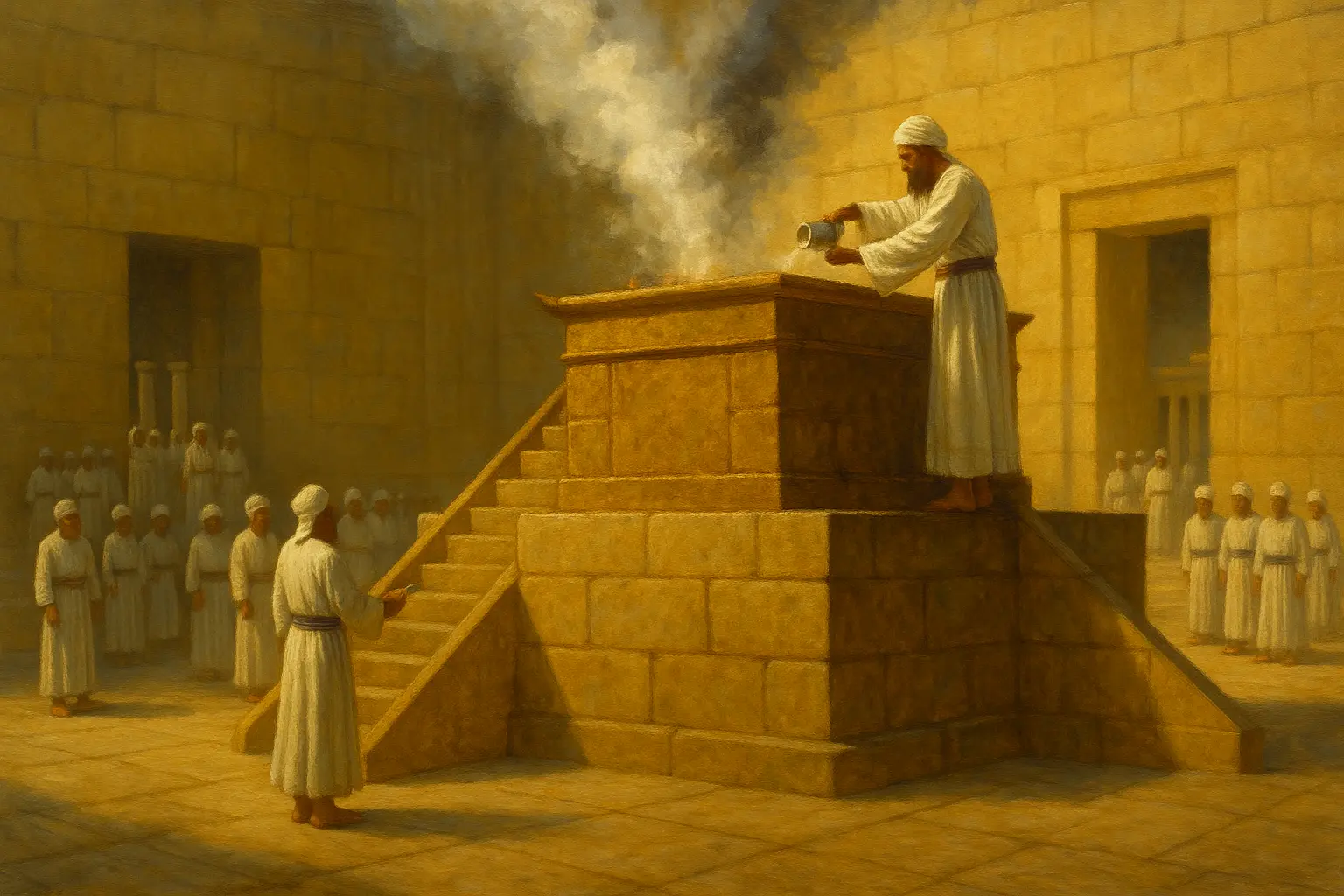 Temple courtyard scene: a Kohen in white robes pours an offering on the smoking mizbeach, with other priests standing around the large stone altar.