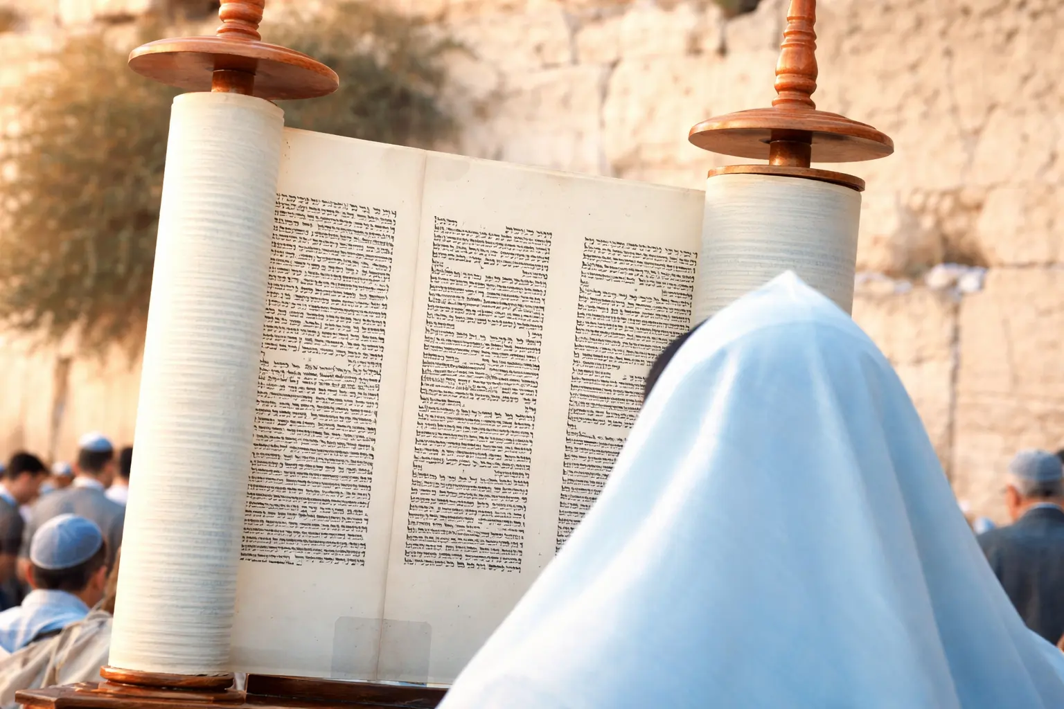 An open Torah scroll with Hebrew text is held before the Western Wall in Jerusalem, with worshippers in the background and a person draped in a light blue tallit standing close to the parchment.