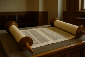 Open Torah scroll on a bimah, parchment unfurled between wooden rollers, Hebrew text visible in soft synagogue light.