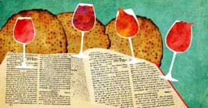 Watercolor-style illustration of an open Hebrew book with three matzah rounds behind it and four red wine glasses in front on a teal textured background.
