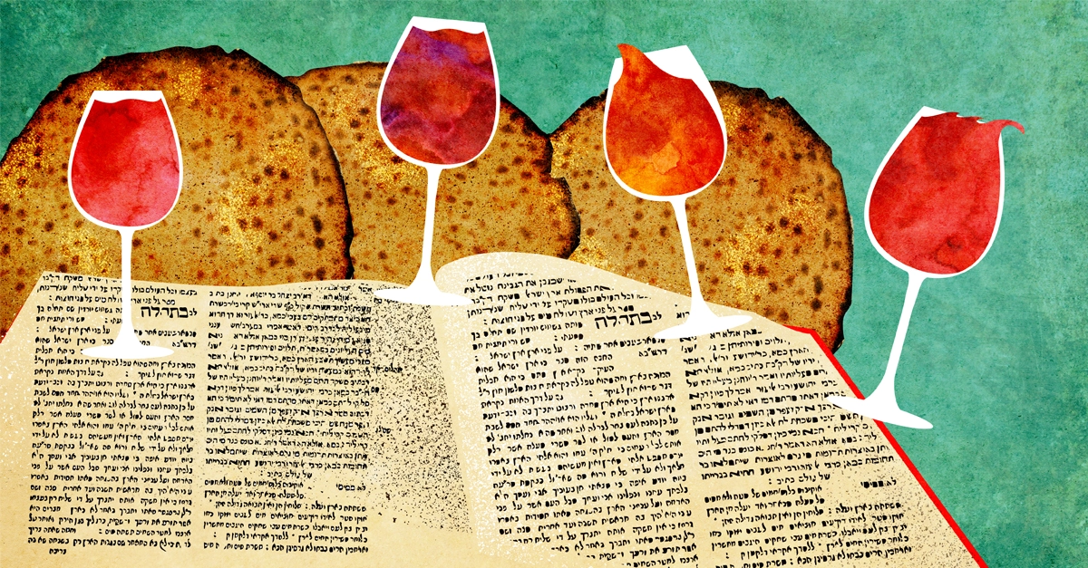 Watercolor-style illustration of an open Hebrew book with three matzah rounds behind it and four red wine glasses in front on a teal textured background.