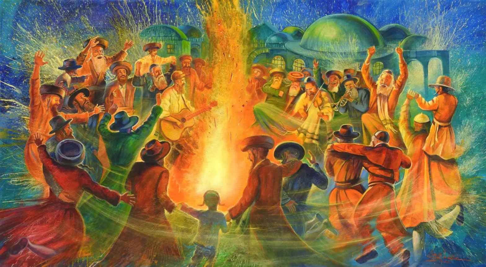 Colorful painting of people dancing in a circle around a large bonfire at night, with domed buildings in the background.