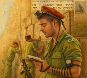 Oil painting of IDF paratroopers praying at the Western Wall, with one soldier reading from a siddur and two others touching the stones, set against a collage of historic Israeli maps and newspapers.