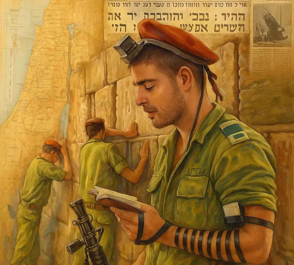Oil painting of IDF paratroopers praying at the Western Wall, with one soldier reading from a siddur and two others touching the stones, set against a collage of historic Israeli maps and newspapers.