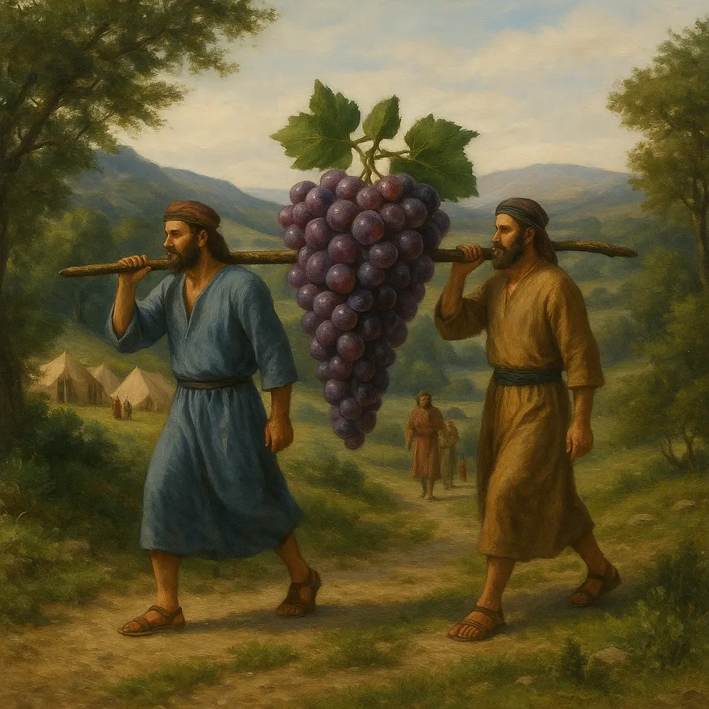 Two ancient Israelite scouts carry an enormous cluster of purple grapes on a pole along a dirt path, with companions and tents in a green valley behind them.