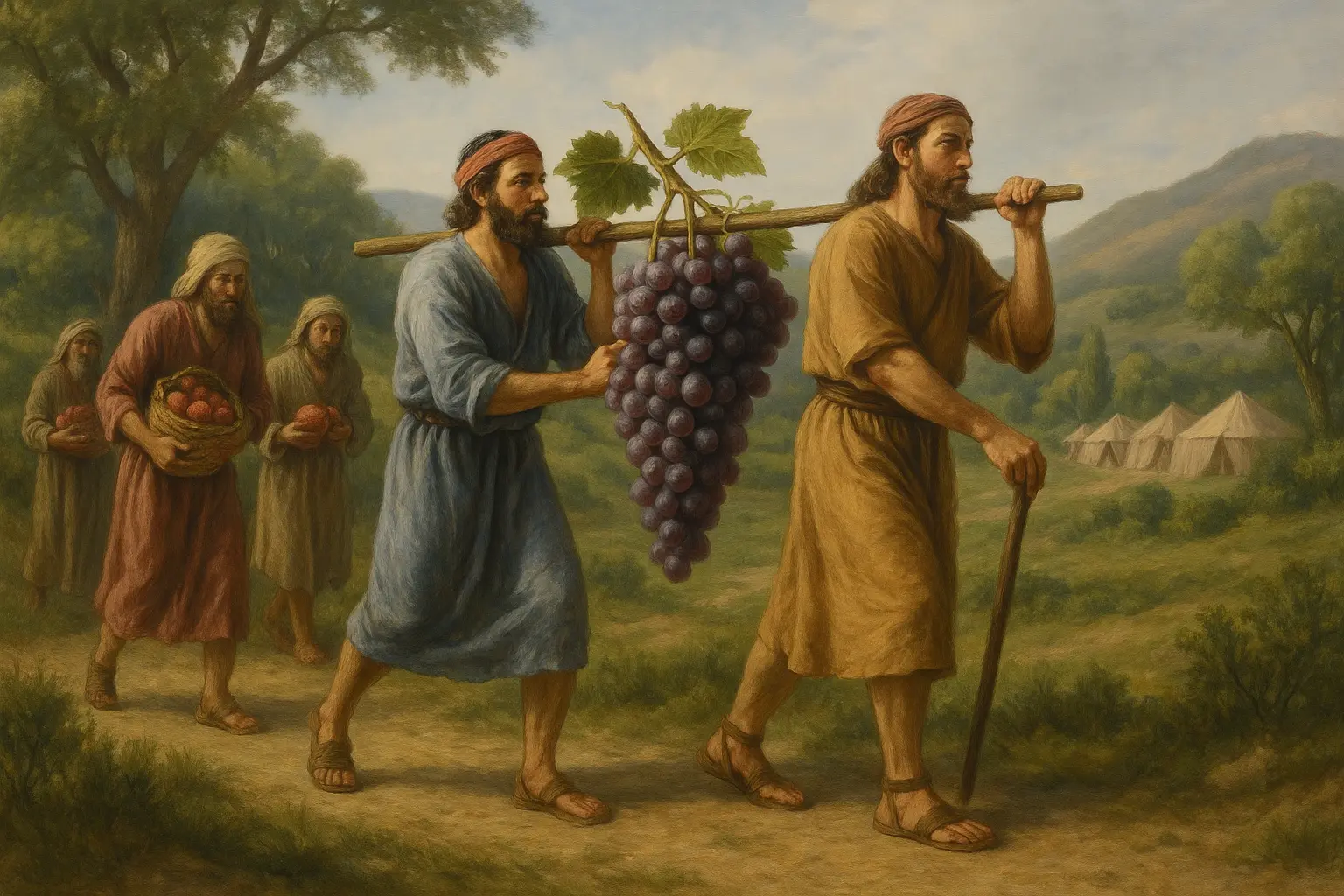 Four ancient Israelite men walk through green hills; two carry an enormous cluster of grapes on a pole, with tents visible in the distance.