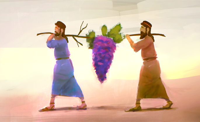 Two spies carrying a giant thing of grapes on a stick