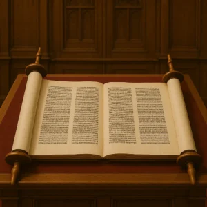 Torah scroll on a wooden bimah in a shul
