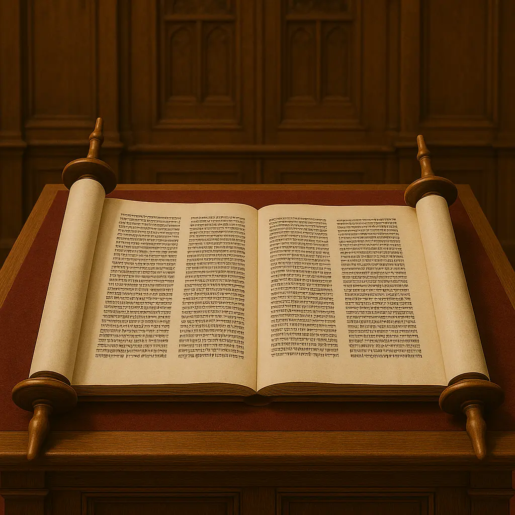 Torah scroll on a wooden bimah in a shul