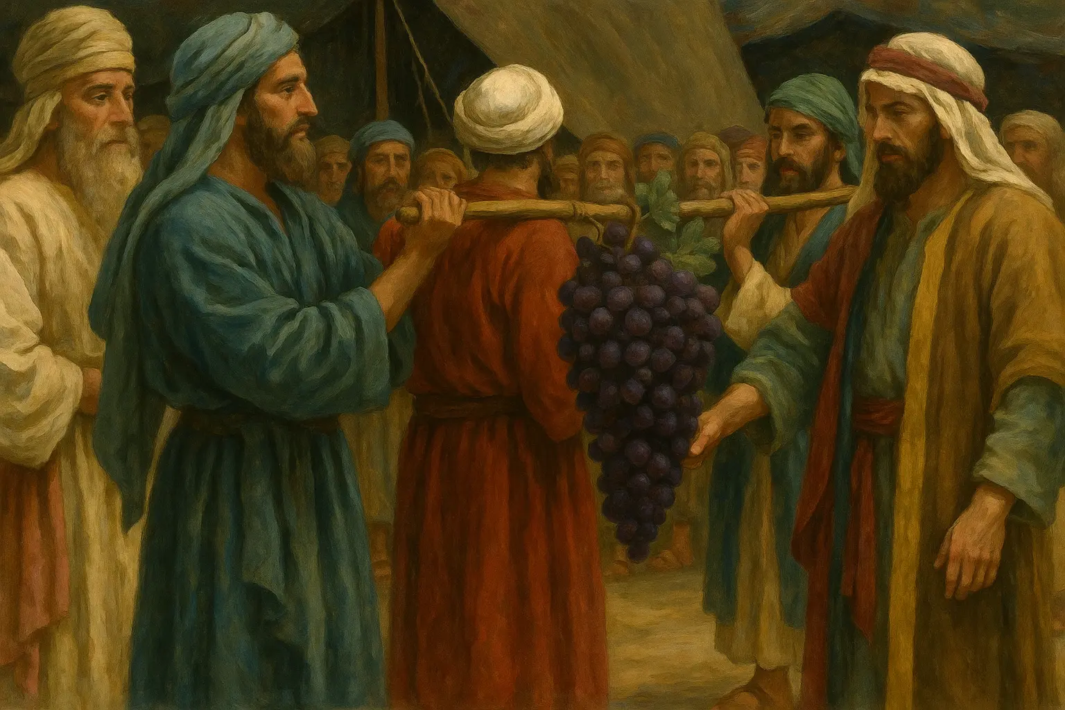 Israelite spies present a giant cluster of purple grapes before the camp; men in varied colored robes gather under a large tent.