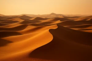 Golden sand dunes in a vast desert at sunset