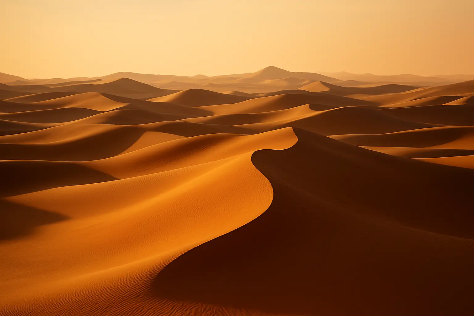 Golden sand dunes in a vast desert at sunset