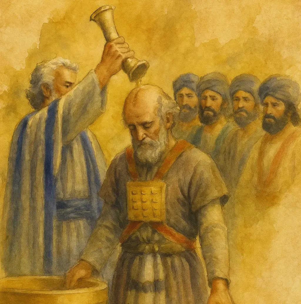 Watercolor painting of Moses anointing Aaron with oil, as elders look on; Aaron wears the breastplate and holds his turban.