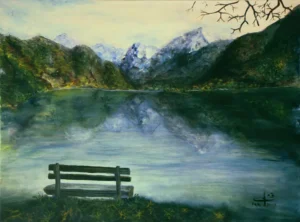 Painting of a lake surrounded by mountains and trees and an empty bench