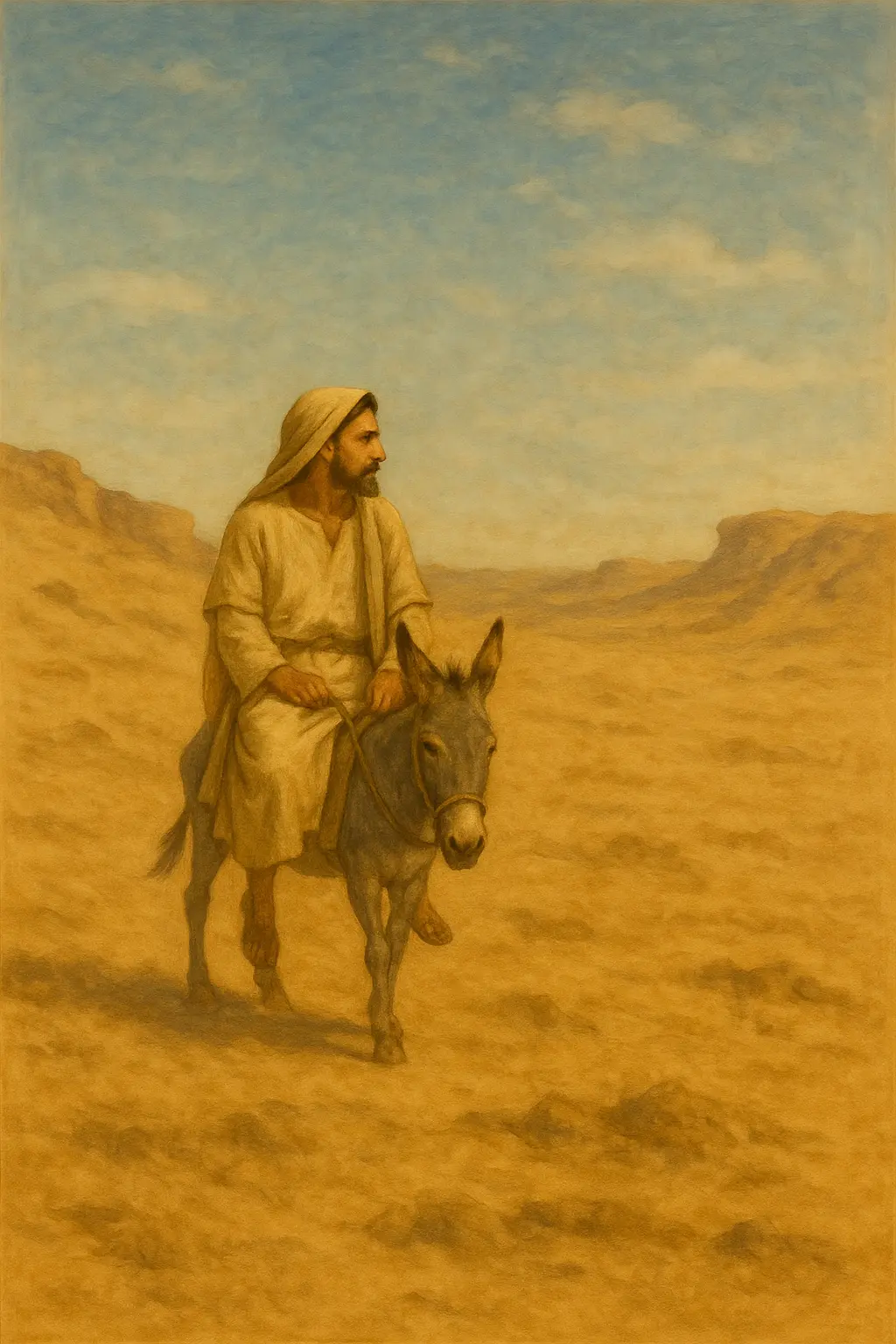 A biblical-era man in a robe rides a donkey across a wide, sandy desert landscape, viewed from a distance under a blue sky.