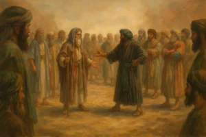 Oil-painting style scene of Moses and Korach debating in a desert circle, surrounded by Israelites looking on.