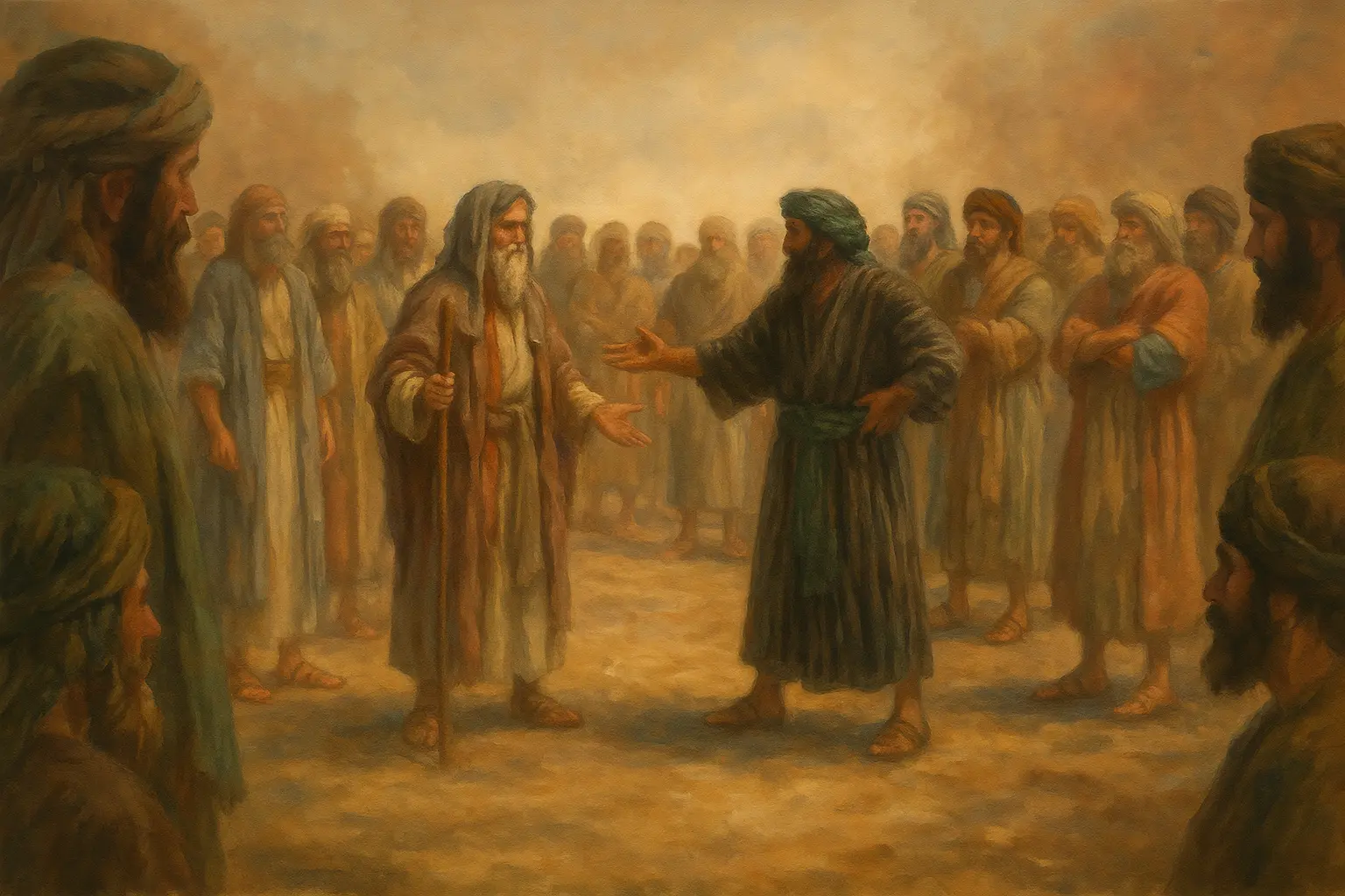 Oil-painting style scene of Moses and Korach debating in a desert circle, surrounded by Israelites looking on.