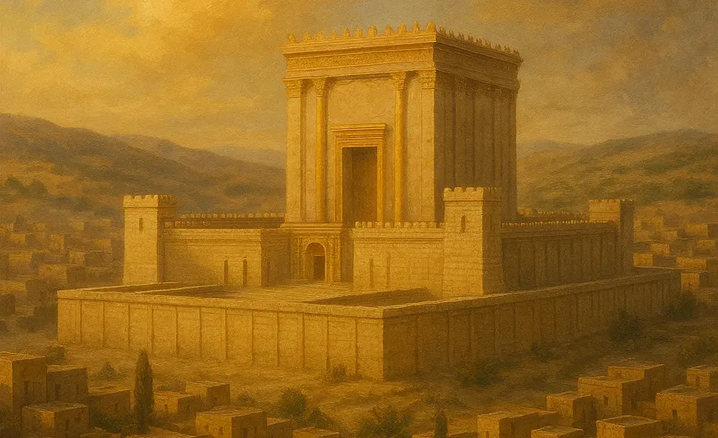 An ancient temple in Jerusalem stands glowing at sunset, surrounded by stone homes and people walking through the city.