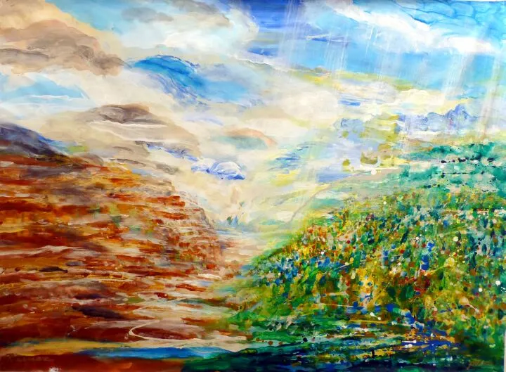 Painting split between a green mountain full of flowers and the sun shining and a barren mountain with clouds above it