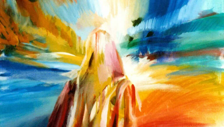 Painting of a man wearing a Tallit looking at the light in front of him