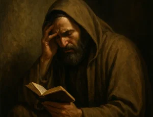 Man praying, while deeply struggling with an internal struggle
