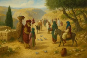 Jewush people walking on a dirt road with animals and kids