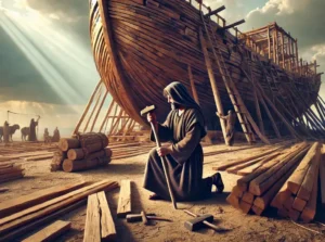 A-man-dressed-in-biblical-attire-constructing-an-enormous-wooden-boat-with-no-other-boats-in-sight.-The-boat-is-massive-towering-over-him