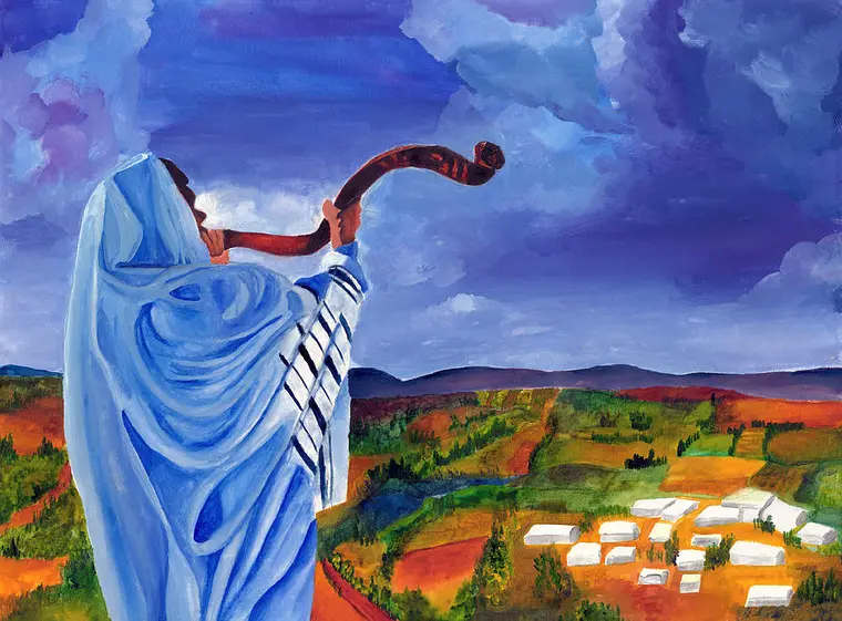 Painting of a Jewish man wearing a tallit blowing the Shofar on a hill overlooking houses