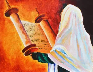 Yom Kippur painting of man holding up a Torah